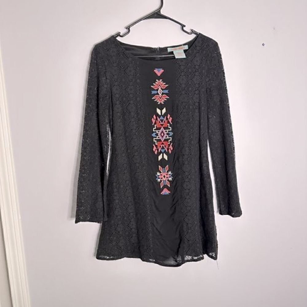 Flying‎ Tomato Aztec Southwest Embroidered Dress M Black Crochet Boho Bell